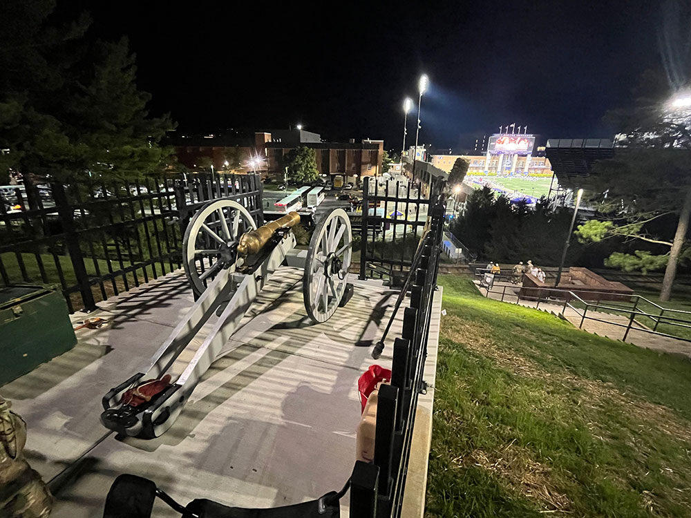 View of the cannon and Bridgeforth Stadium at night at night