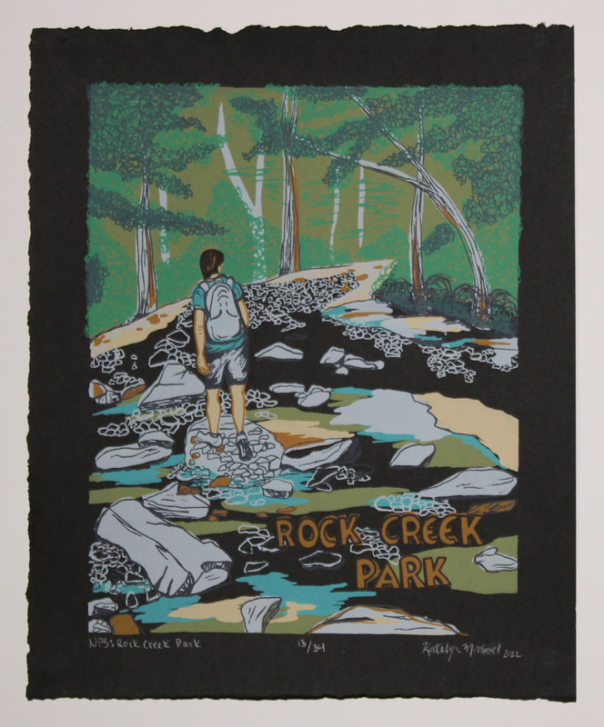 screenprint on black paper of hiker in a creek and the words rock creek park