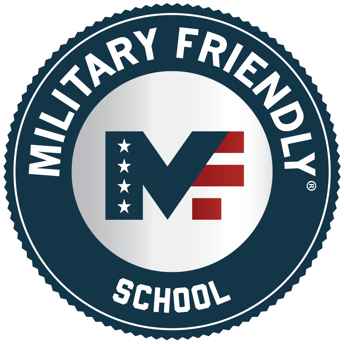 Blue insignia that says "Military friendly school"